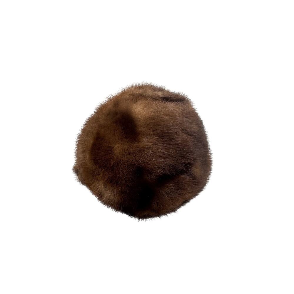 Small Mink Fur Cap Simple Round Style With White Bow Dark Brown